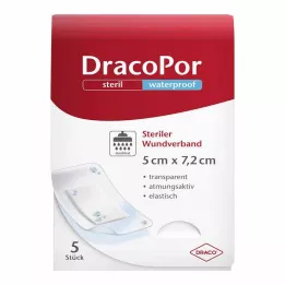 DRACOPOR vodeodolné krytie na rany 5x7,2 cm sterilné, 5 ks